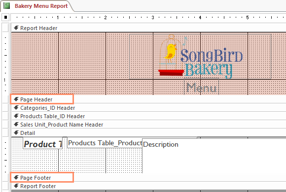 The page header and footer in Design View