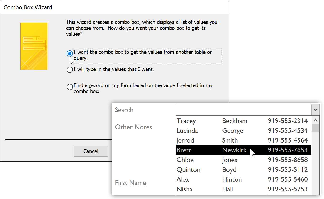 A combo box that takes its values from a table