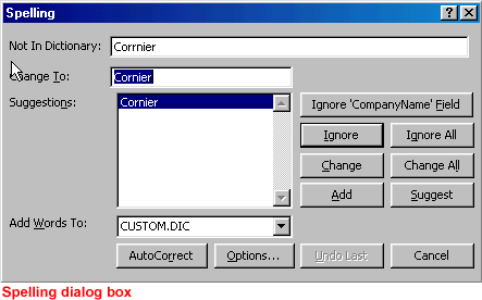 Spelling dialog box