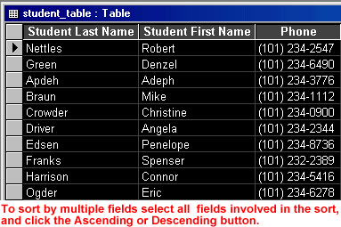 To sort by multiple fields, select all fields involved in the sort, and click the Ascending or Descending button on the toolbar.