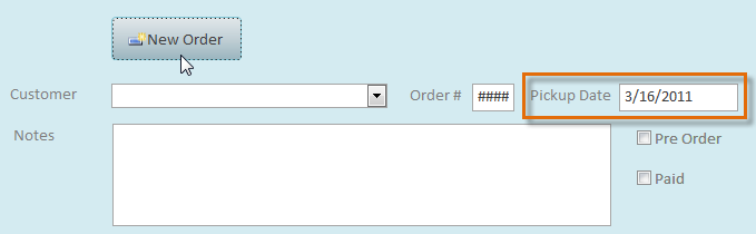 The current date is automatically entered into the Pickup Date field when we create a new record