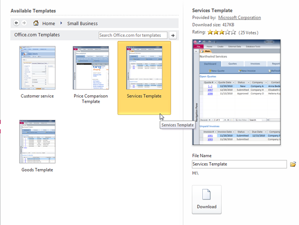 Selecting and previewing a template