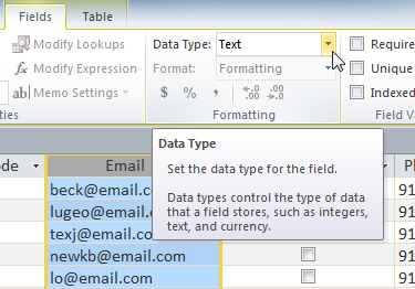 The Data Type drop-down arrow