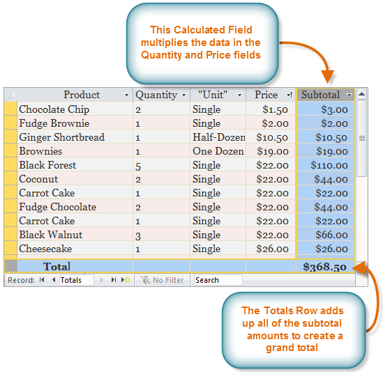 Example of a calculated field and totals row in a table of orders