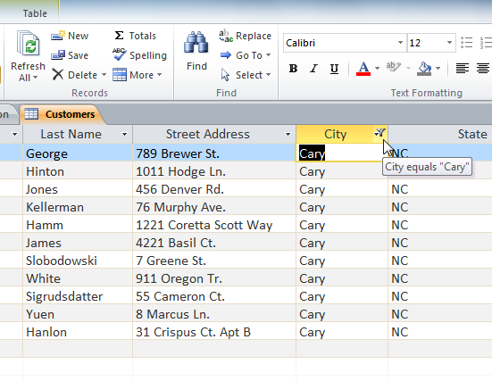 The filtered table, now showing only the records for customers who live in Cary