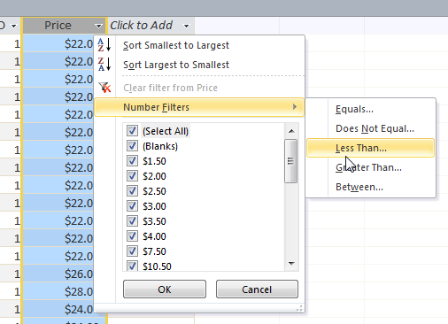 Selecting filter settings