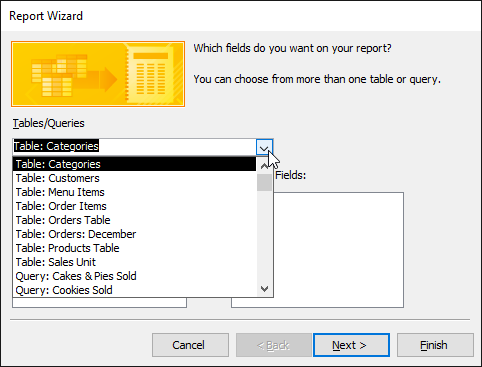 Selecting a table that contains fields to include in the report