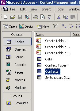 Contacts Table in Tables Object