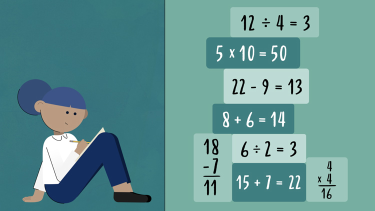 illustration of a woman sitting and writing in a notebook, with various equations on the opposite side of the image