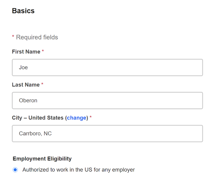 Text fields containing the user's first and last name, location, and other info.