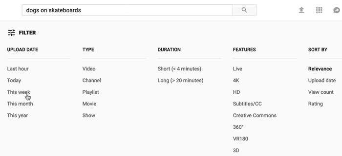 screenshot of YouTube's filter menu