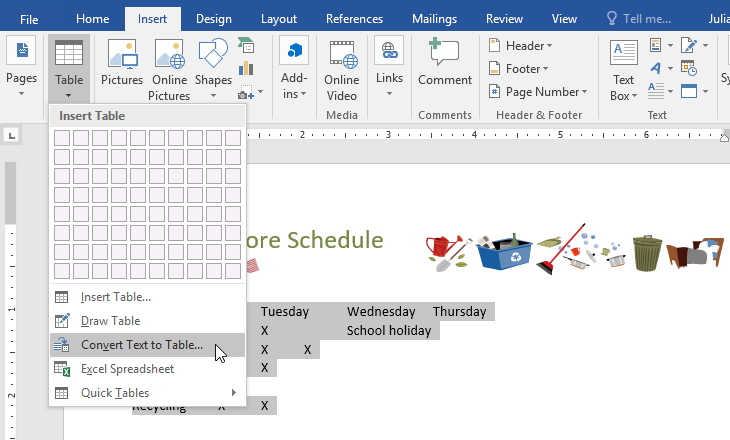 choosing convert to table