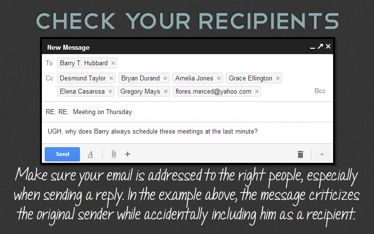 Make sure your email is addressed to the right people, especially when sending a reply. In the example above, the message criticizes the original sender while accidentally including him as a recipient.