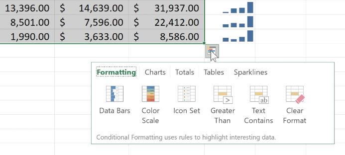 Screenshot of Quick Analysis options