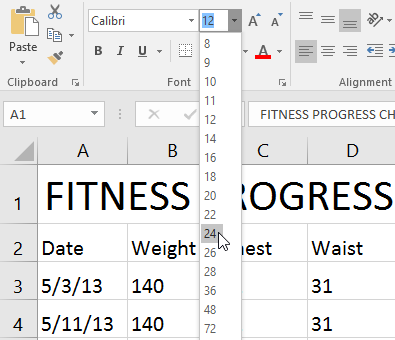 Selecting a font size in the dropdown menu