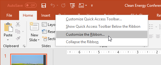 screenshot of clicking Customize the Ribbon after right-clicking on the Ribbon