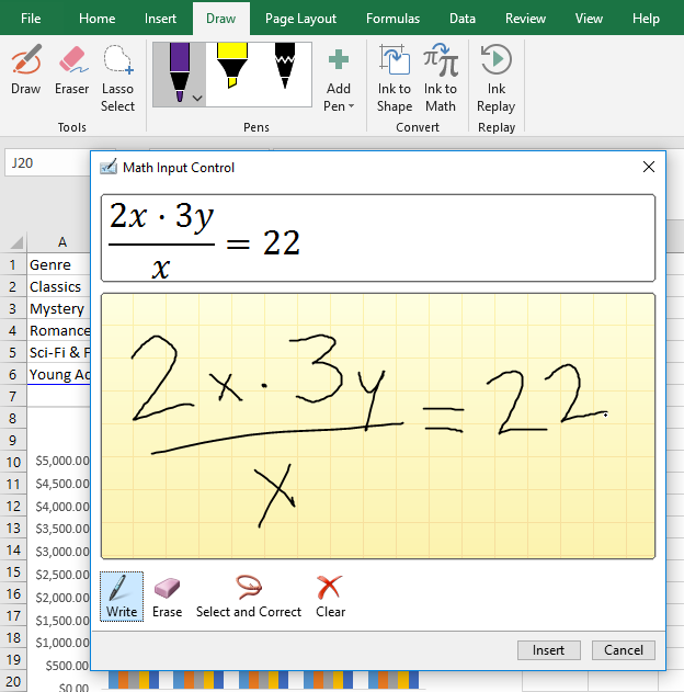 screenshot of using the Ink to Math tool to write an equation