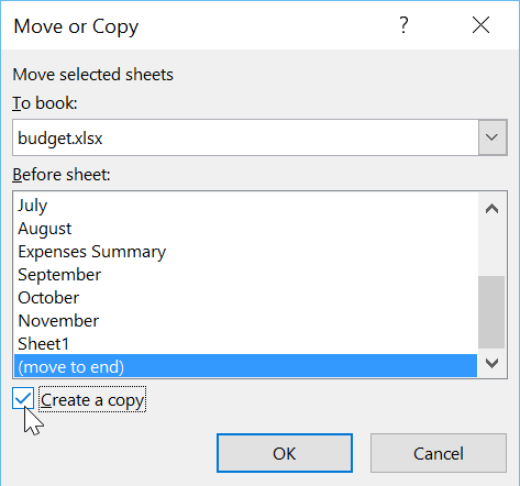 choosing the copy worksheet options in the dialog box