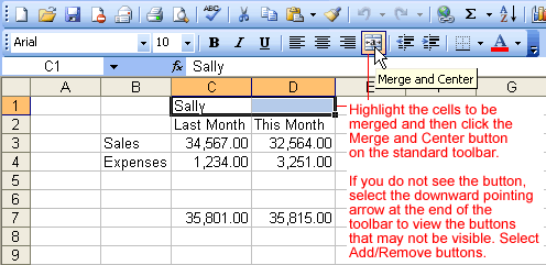 Merge and Center Button on Toolbar