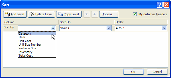 Custom Sort Dialog Box