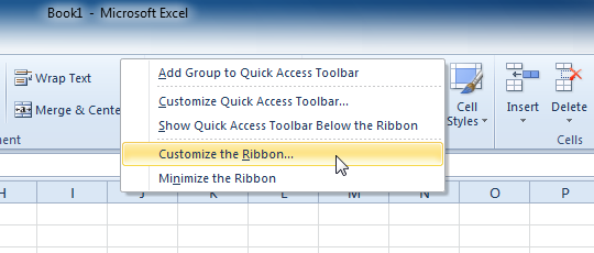 Right-clicking the Ribbon to customize it