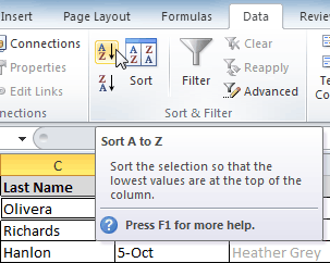 Sorting in ascending alphabetical order