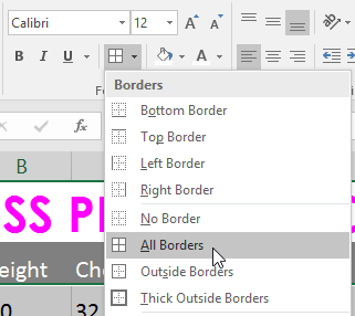 Borders dropdown menu