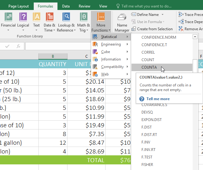 Choosing the COUNTA function