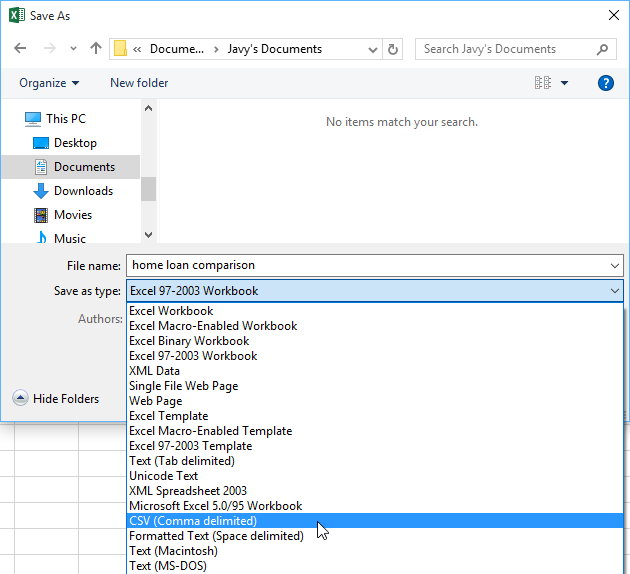 Using the Save As type menu to choose a file type