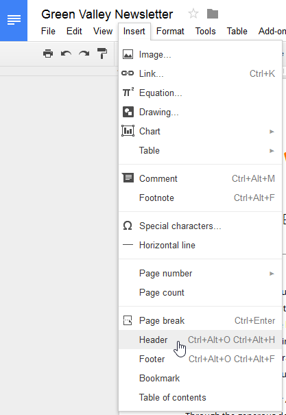 Choosing Header from the Insert menu