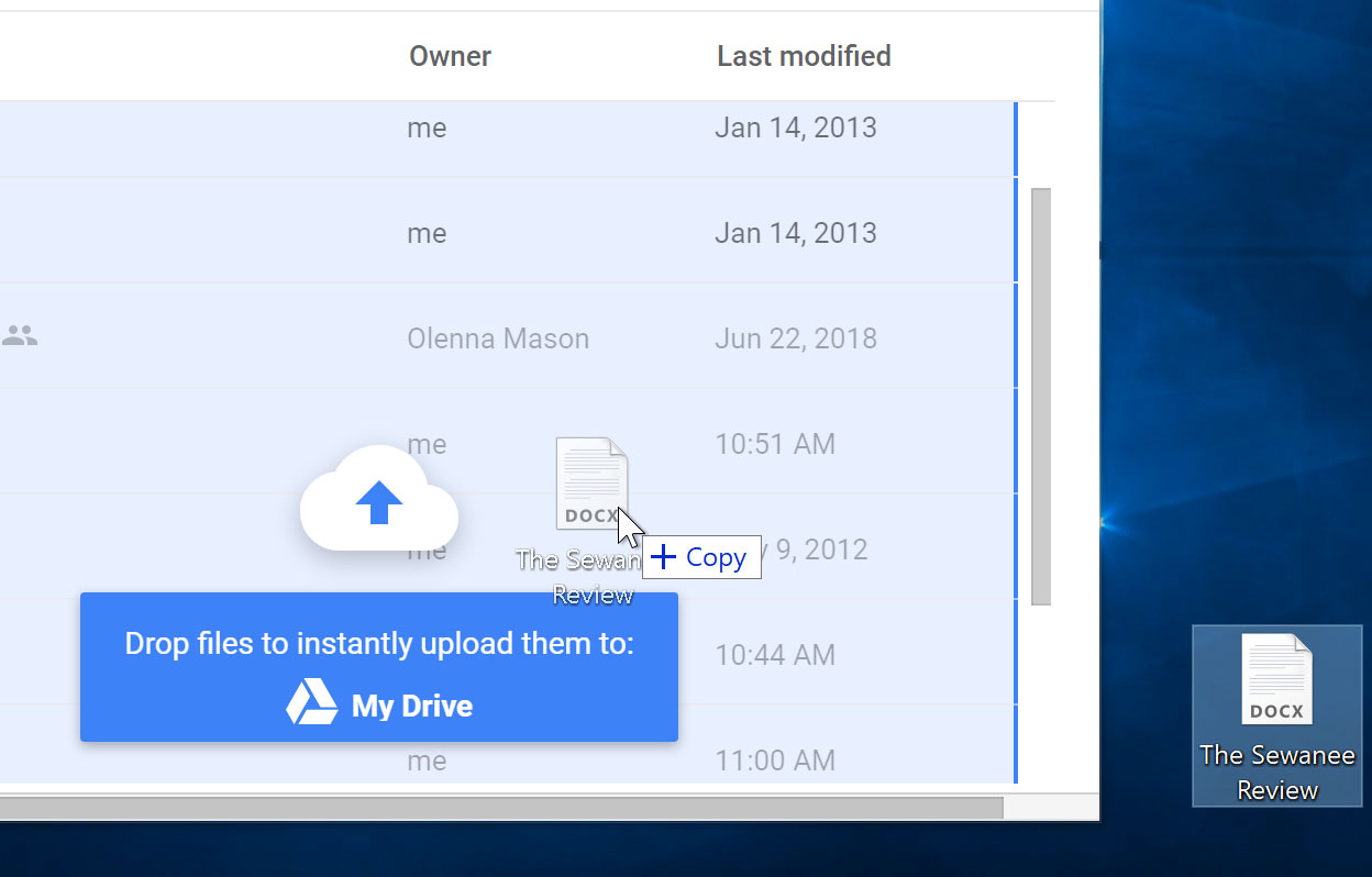 Drag and drop file into Drive. 