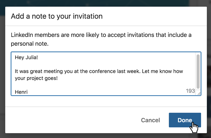 A screenshot of a LinkedIn connection message