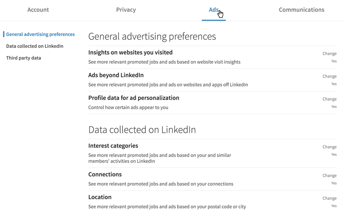 A screenshot of the LinkedIn Ads settings