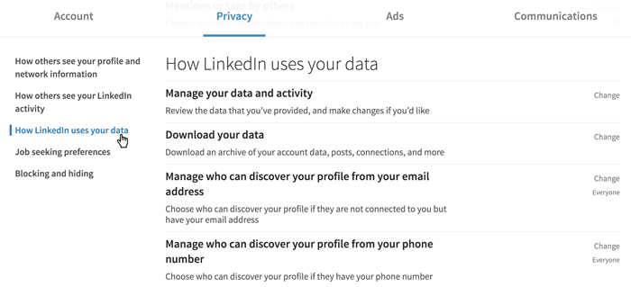 A screenshot of the LinkedIn privacy settings