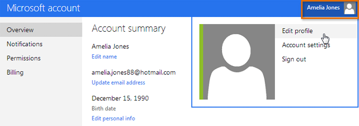 Screenshot of Microsoft account