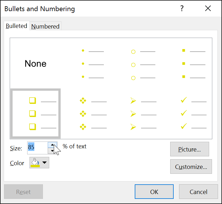 setting the bullet size to 85%