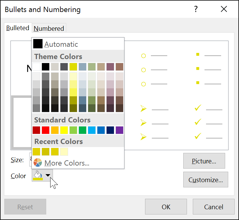 selecting a bullet color