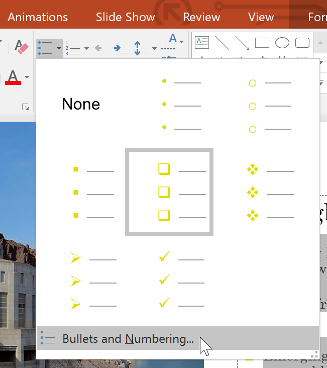 selecting Bullets and Numbering