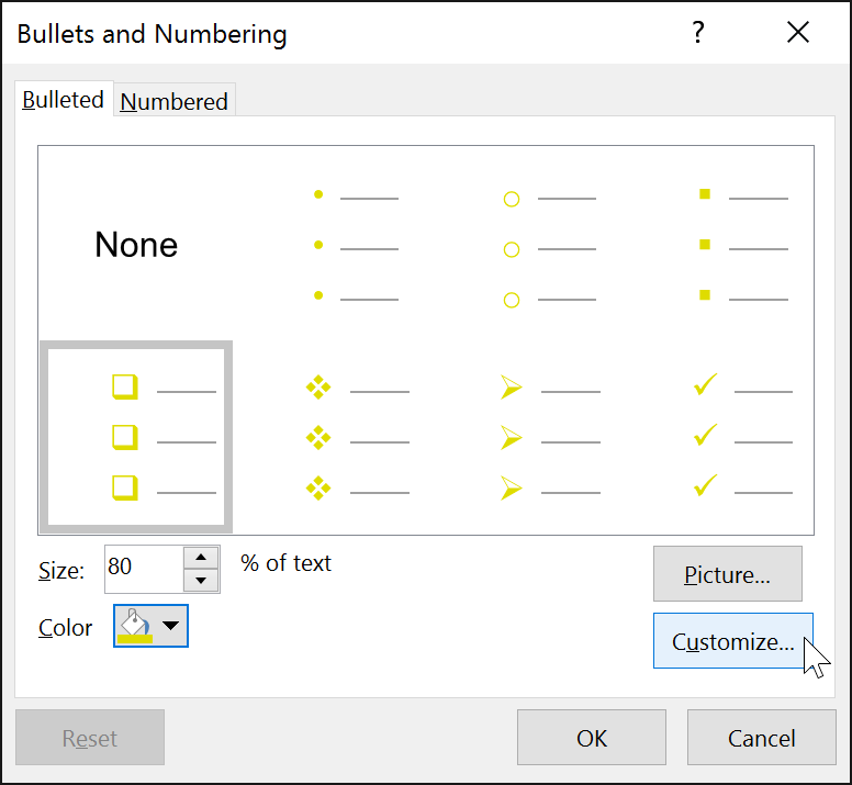 clicking Customize