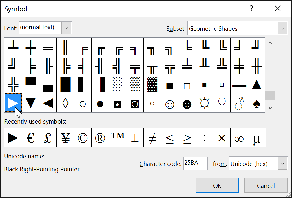 selecting a triangle symbol