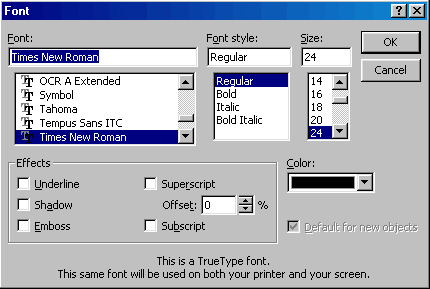 Font dialog box