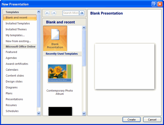 New Presentation Dialog Box