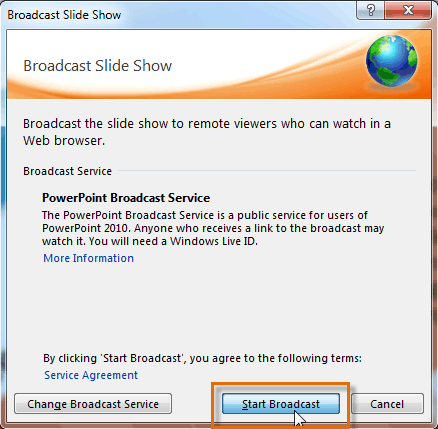 The Broadcast Slide Show dialog box