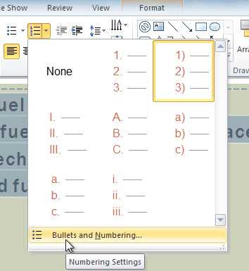 The Bullets and Numbering option