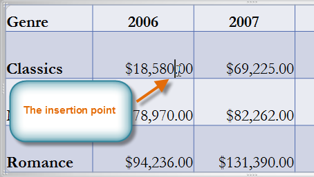 Placing the insertion point to insert a new row above