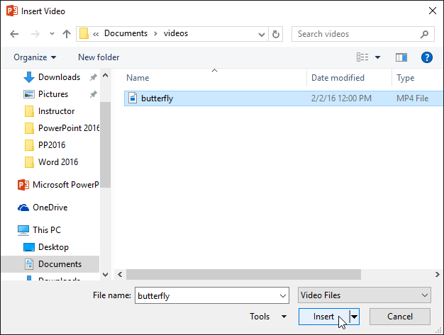 Selecting a video to insert