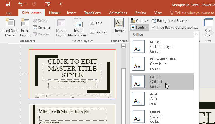 changing the theme fonts from the Slide Master tab