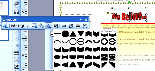 WordArt Toolbar with Change Shape selected.