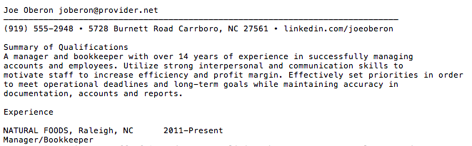 sample plain text resume clip