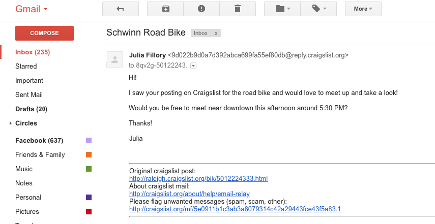 email about a craigslist posting
